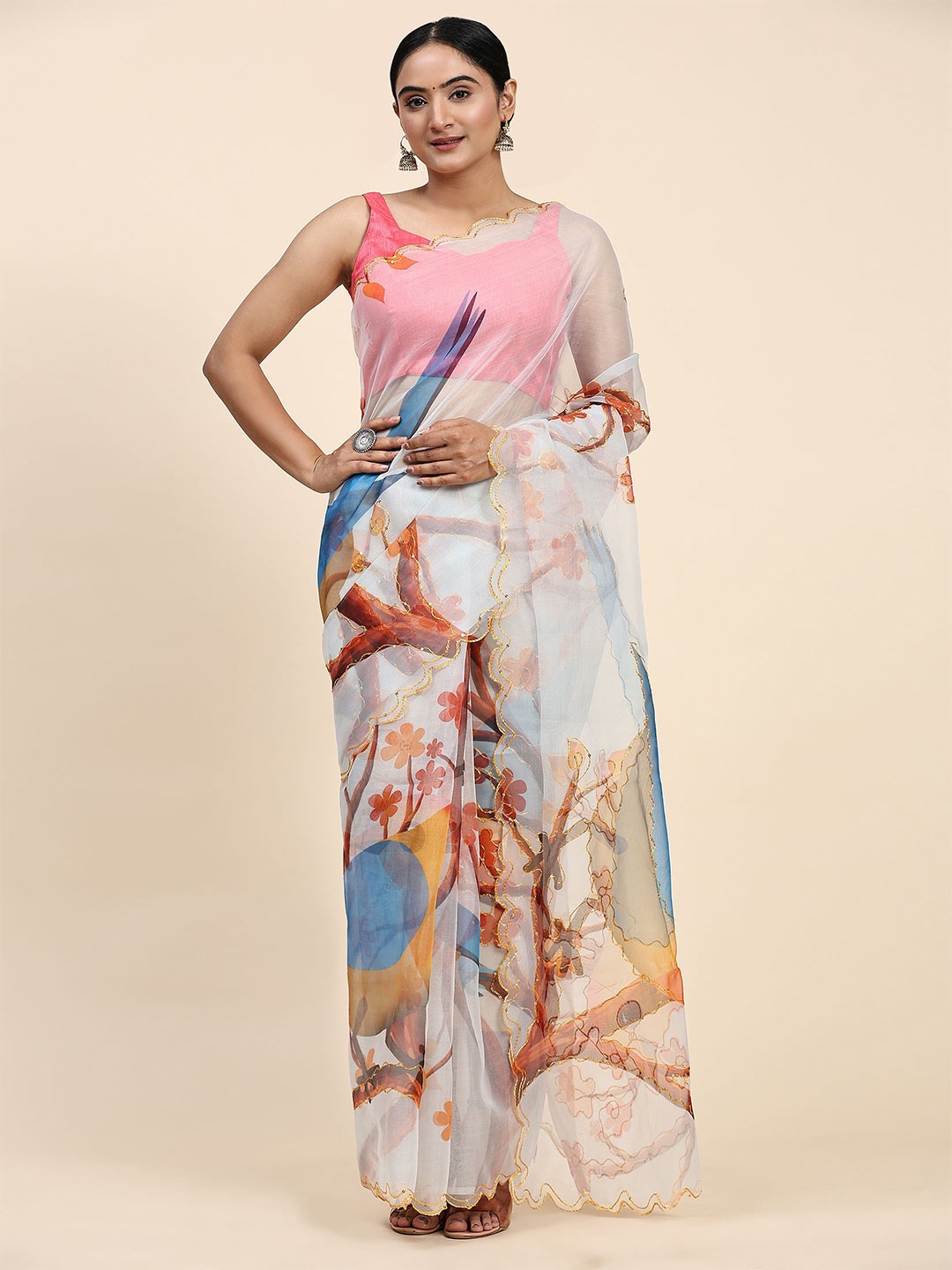 

Vastrasky Global Floral Printed Organza Saree, White