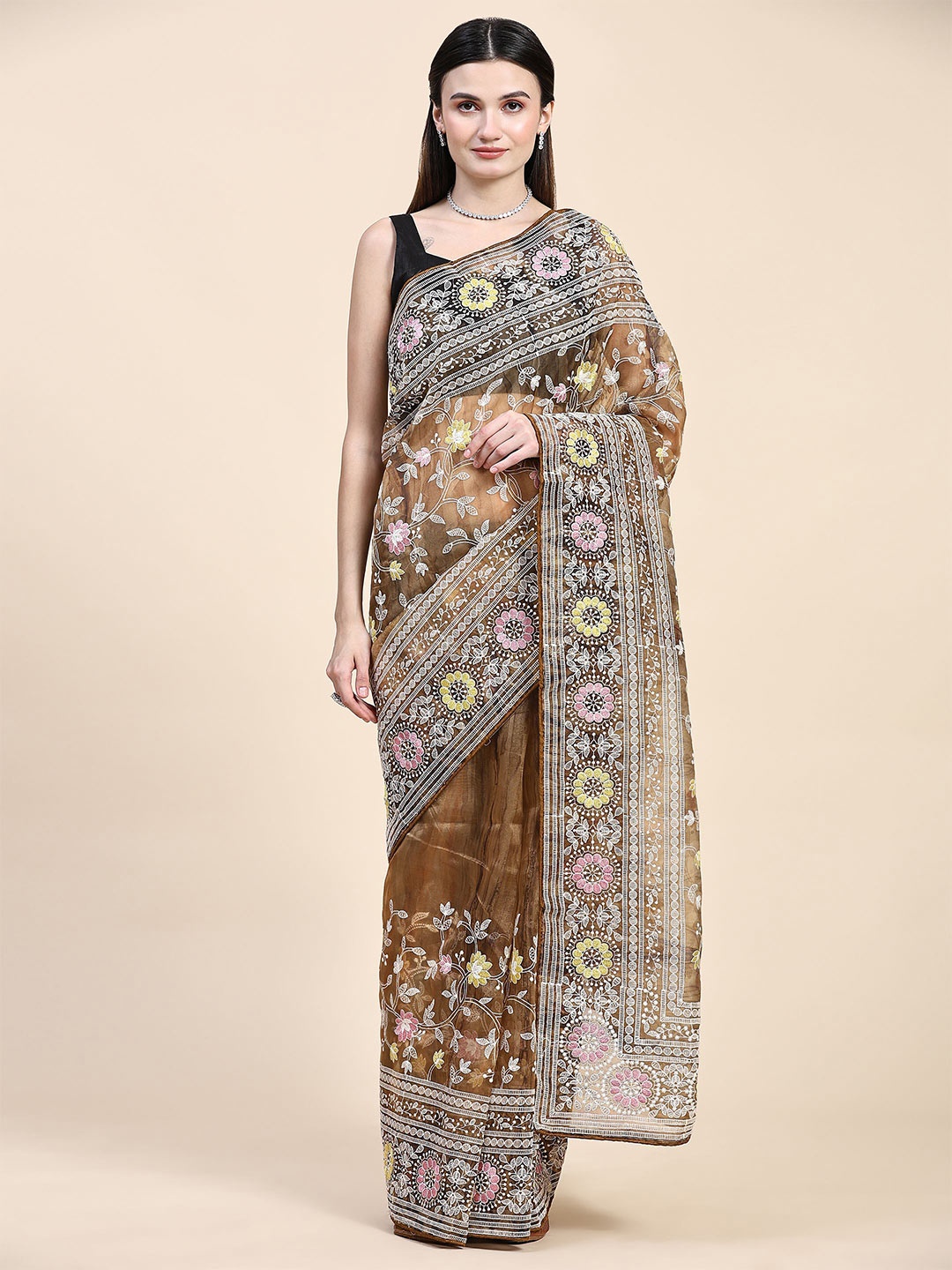 

Vastrasky Global Ethnic Motifs Embroidered Organza Saree, Brown
