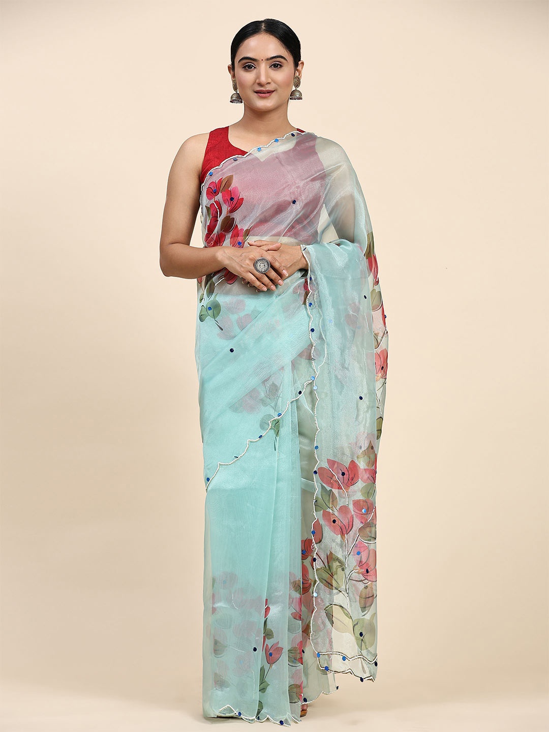 

Vastrasky Global Floral Printed Embroidered Border Organza Sarees, Blue