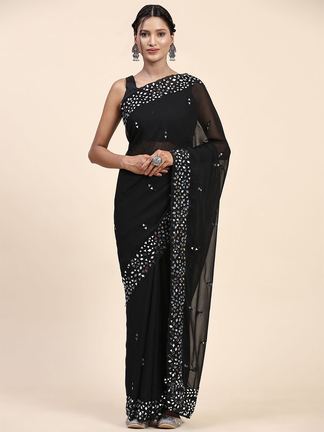 

Vastrasky Global Geometric Embroidered Mirror Work Pure Georgette Saree, Black