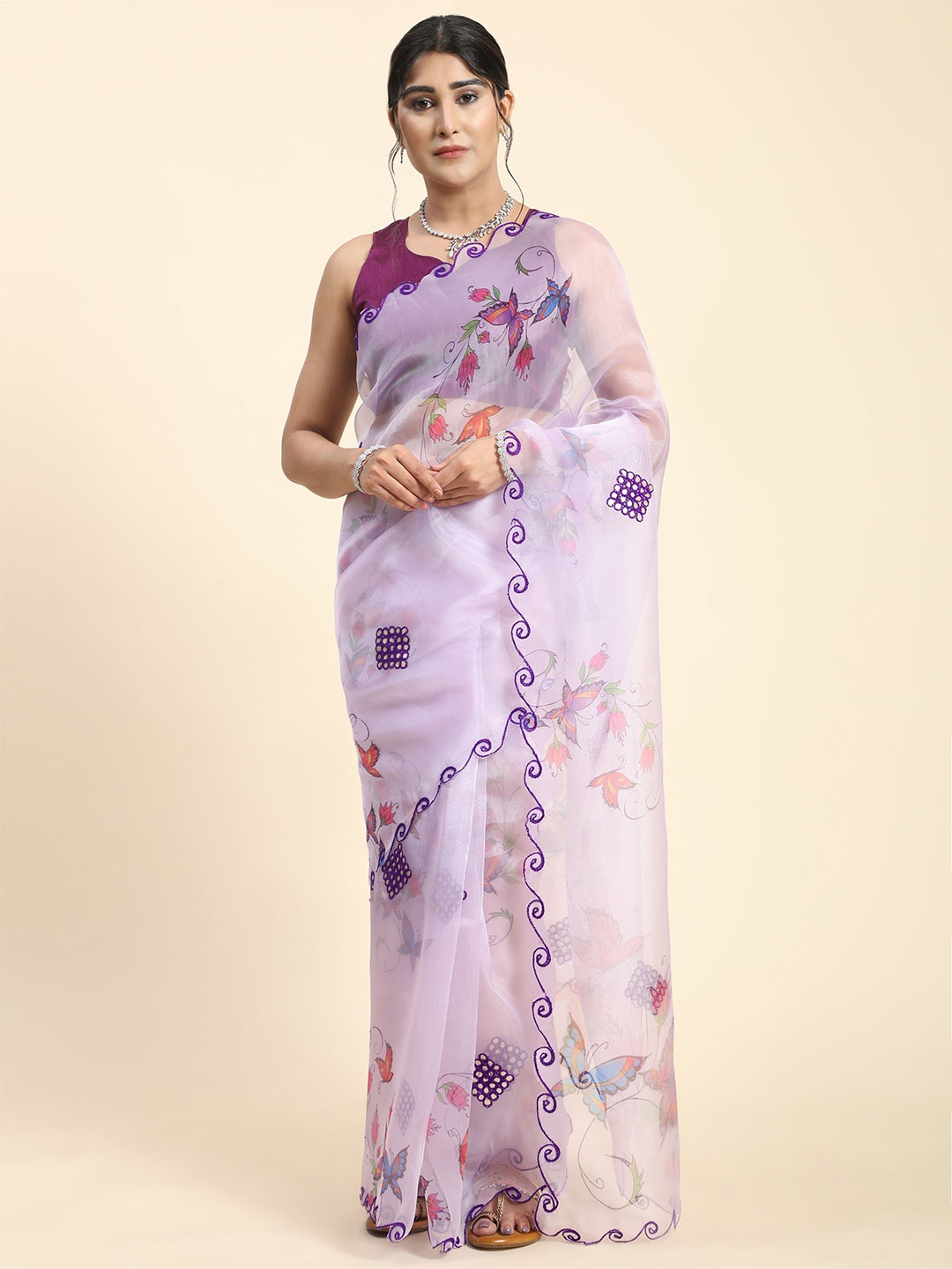 

Vastrasky Global Floral Printed Embroidered Border Organza Sarees, Purple