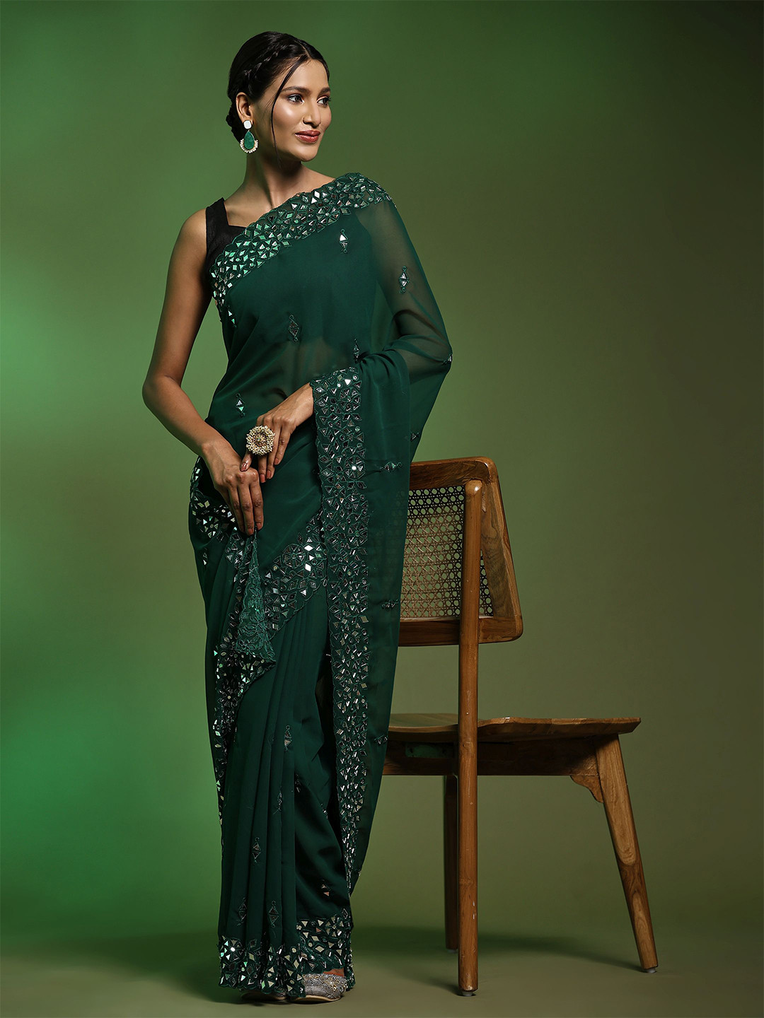 

Vastrasky Global Embellished Mirror Work Pure Georgette Sarees, Green