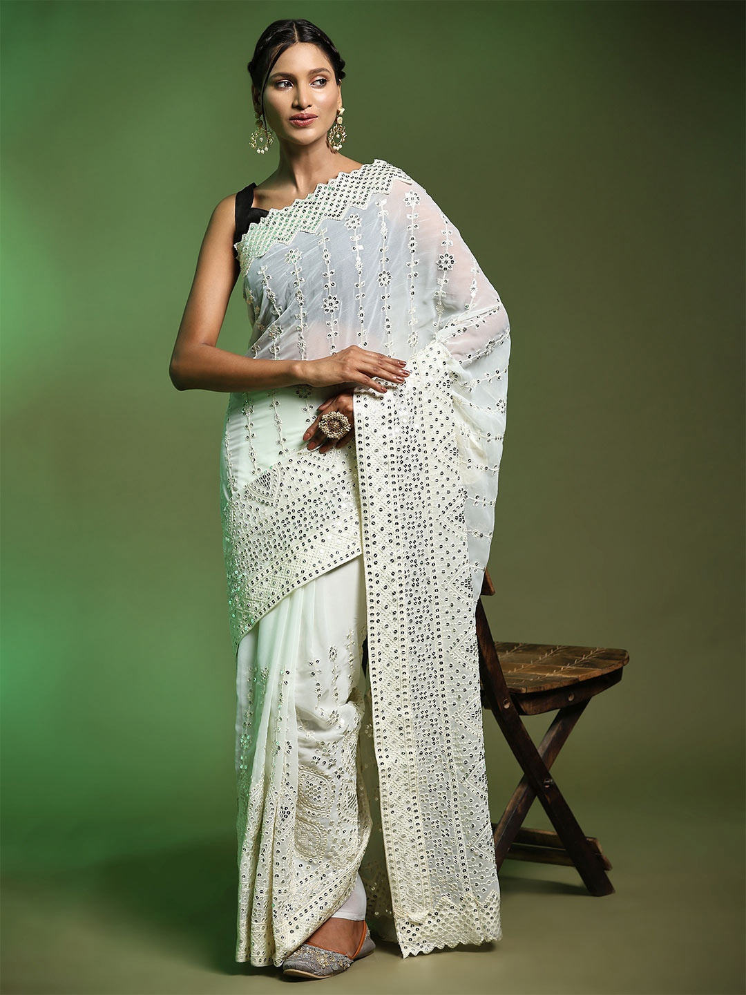 

Vastrasky Global Sequinned Embellished Heavy Work Pure Georgette Saree, White