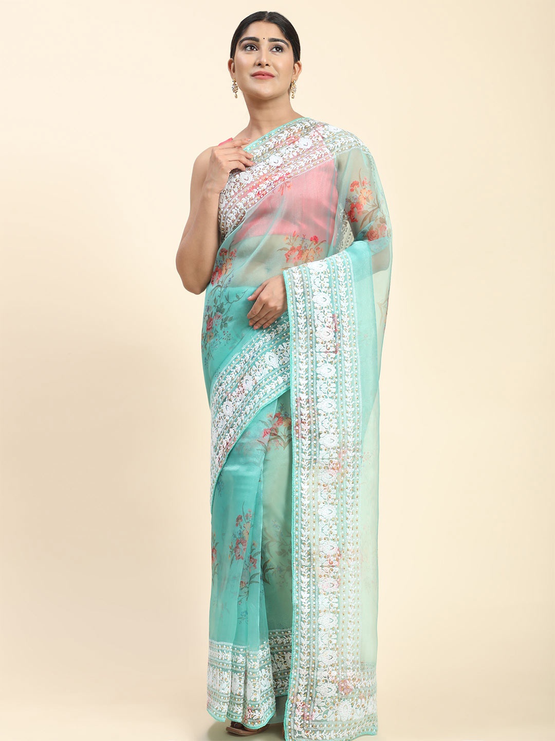 

Vastrasky Global Floral Printed Embroidered Border Organza Saree, Blue
