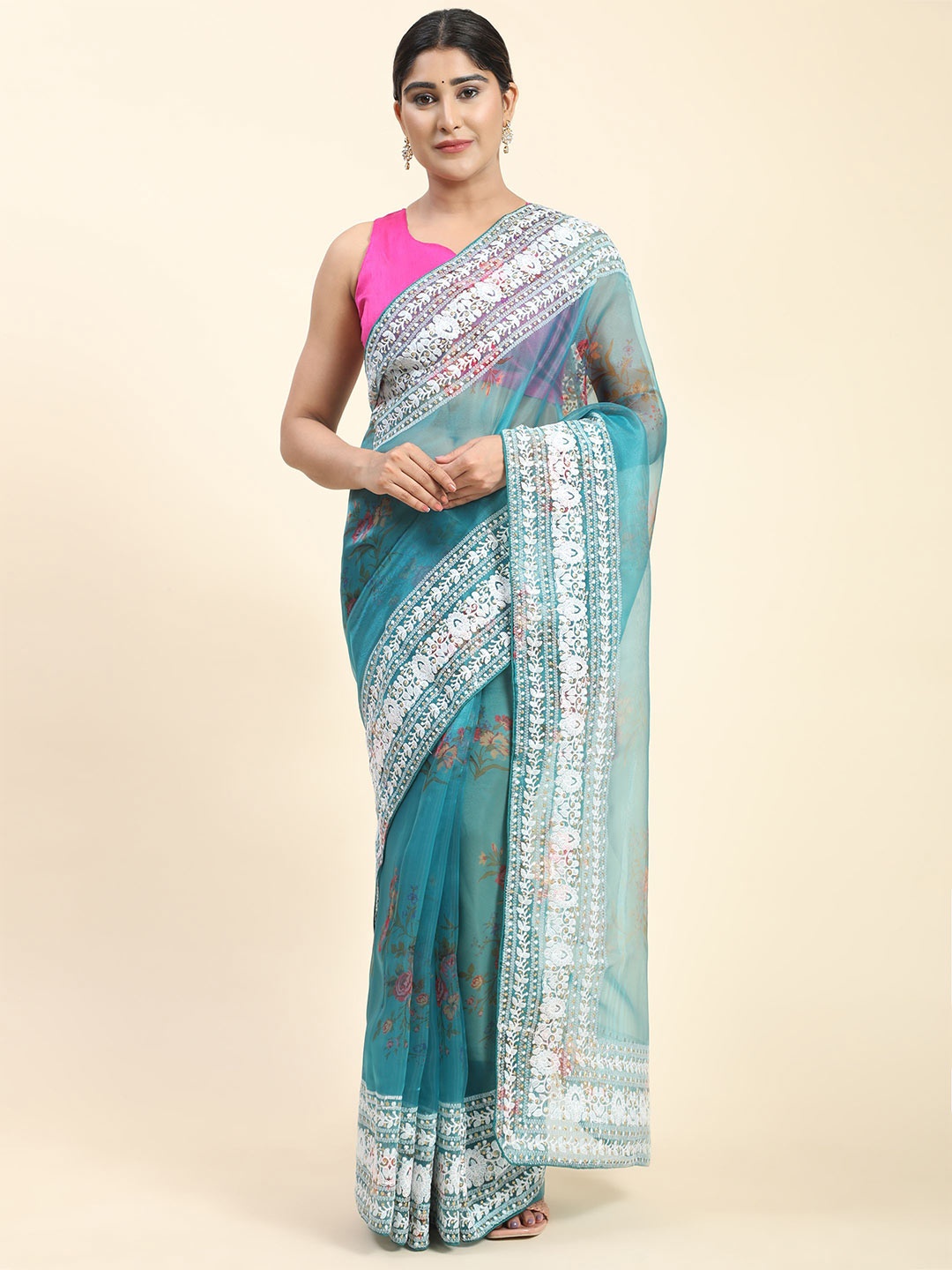 

Vastrasky Global Floral Printed Embroidered Border Organza Saree, Teal