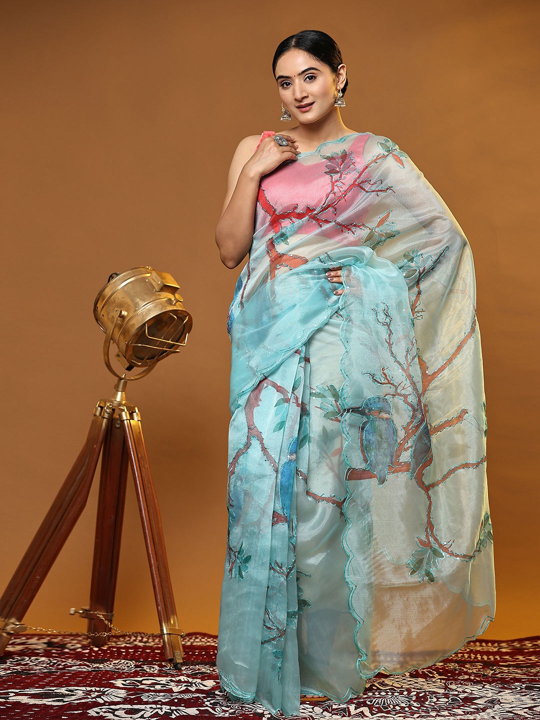 

Vastrasky Global Graphic Printed Embroidered Organza Saree, Blue