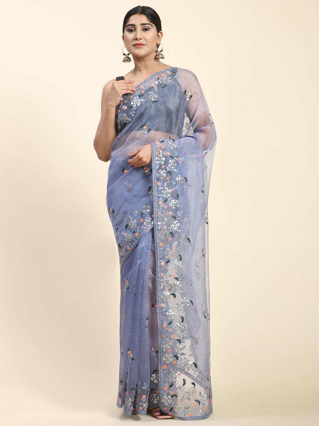 

Vastrasky Global Floral Embroidered With Embroidered border saree, Blue