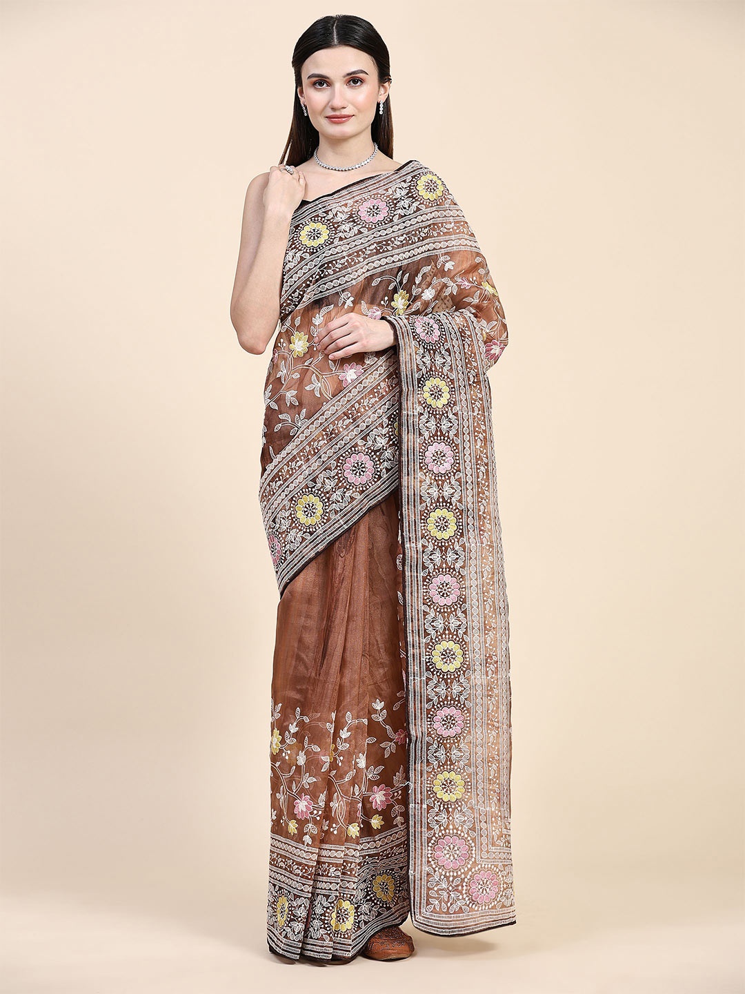 

Vastrasky Global Floral Embroidered Organza Saree, Brown