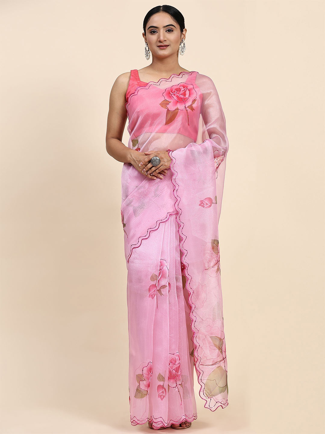 

Vastrasky Global Floral Printed Embroidered Organza Saree, Pink