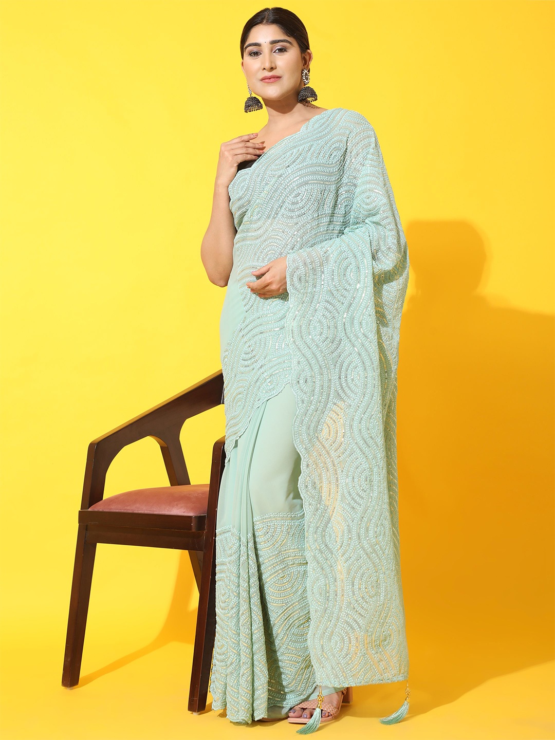 

Vastrasky Global Embellished Sequinned Pure Georgette Sarees, Green