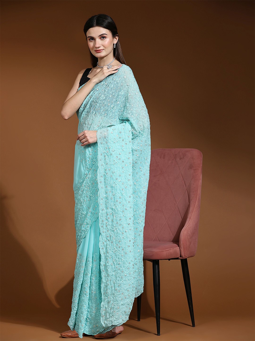 

Vastrasky Global Floral Embroidered Sequinned Pure Georgette Saree, Blue