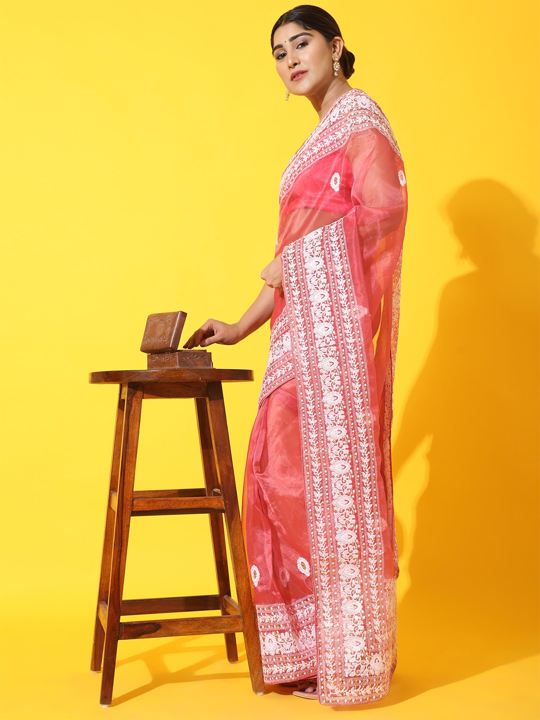 

Vastrasky Global Ethnic Embroidered Organza Sarees, Pink