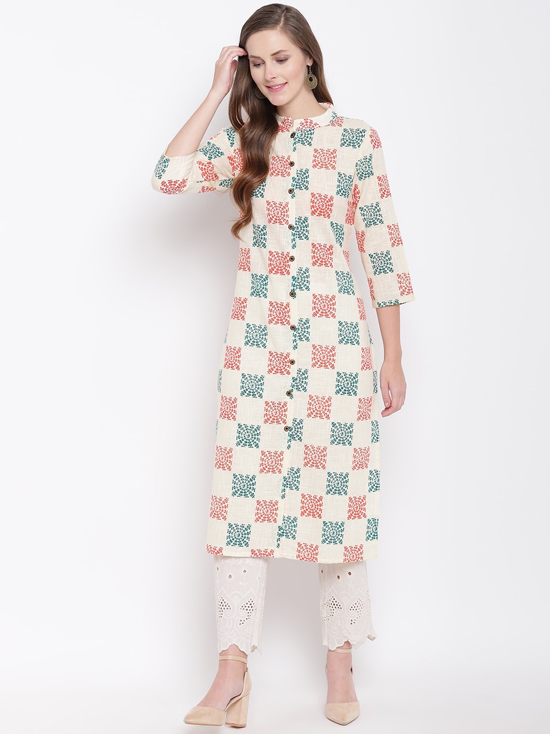 

Stylespace by Isha Geometric Printed Mandarin Collar Cotton A-Line Kurta, White
