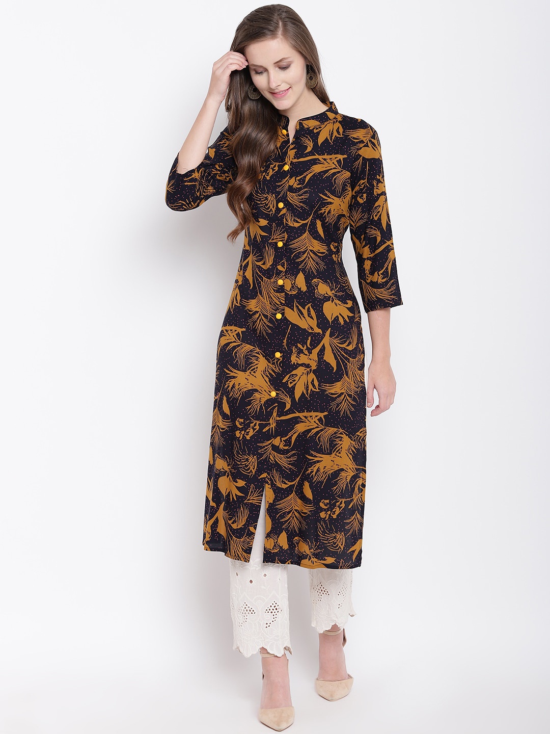 

Stylespace by Isha Floral Printed Mandarin Collar Kurta, Navy blue