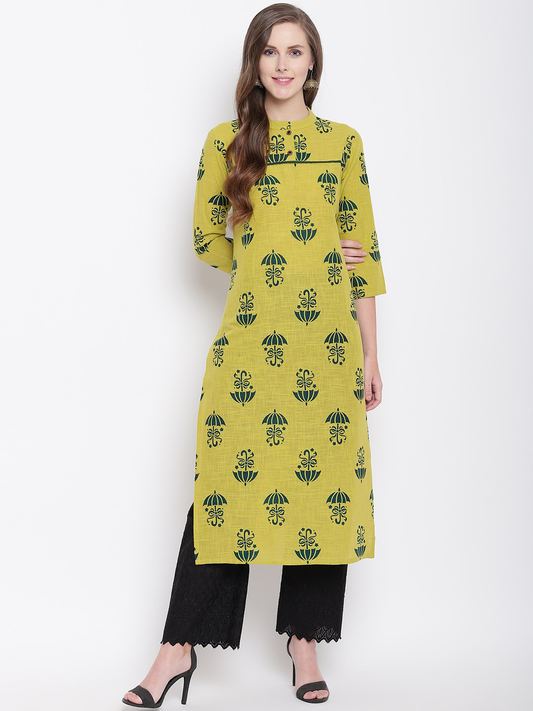

Stylespace by Isha Ethnic Printed Mandarin Collar Cotton Kurta, Green