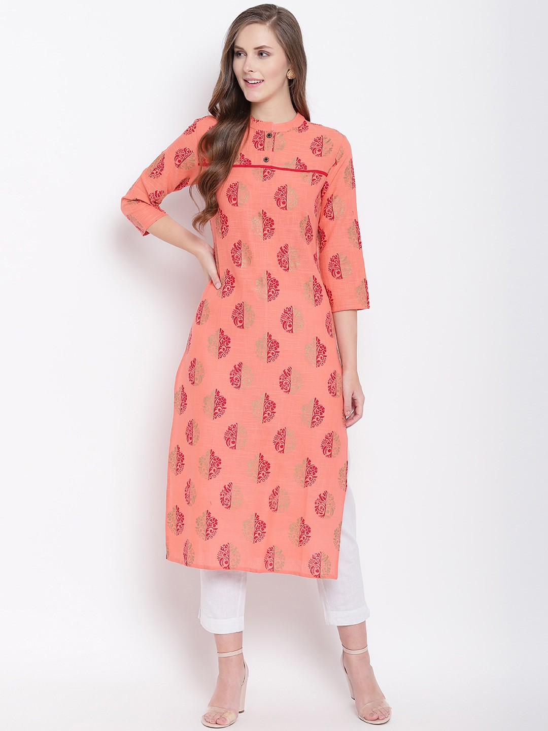 

Stylespace by Isha Ethnic Printed Mandarin Collar Cotton Kurta, Pink