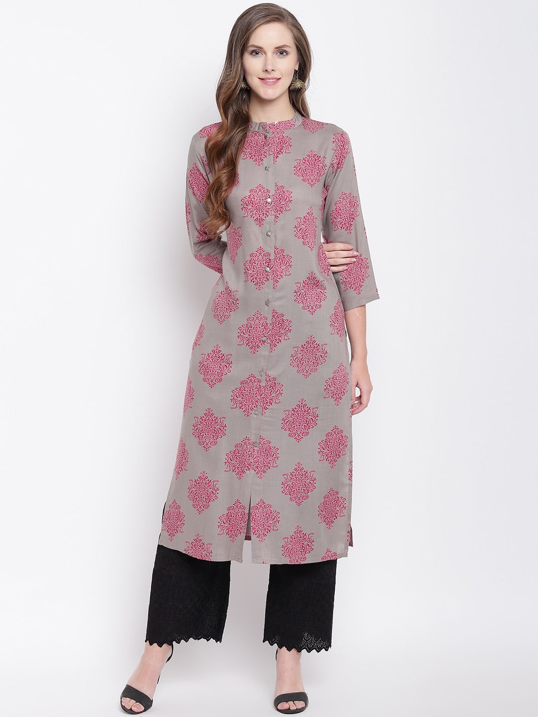 

Stylespace by Isha Ethnic Motifs Printed Mandarin Collar A-Line Kurta, Grey