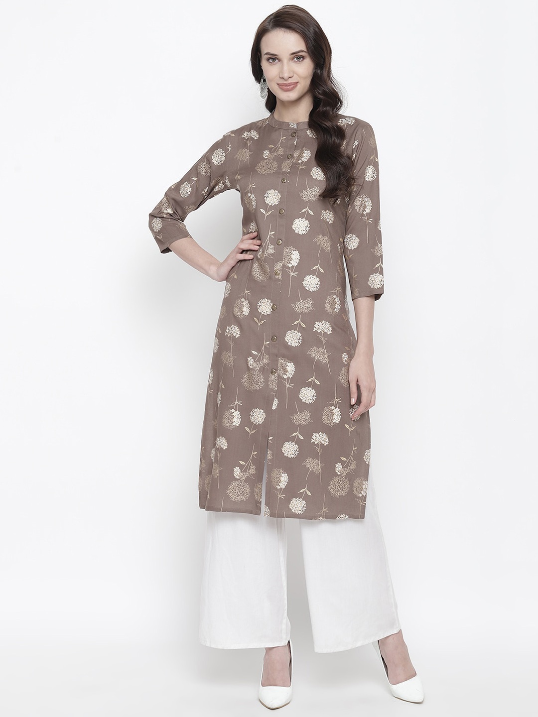 

Stylespace by Isha Floral Printed Mandarin Collar Kurta, Grey