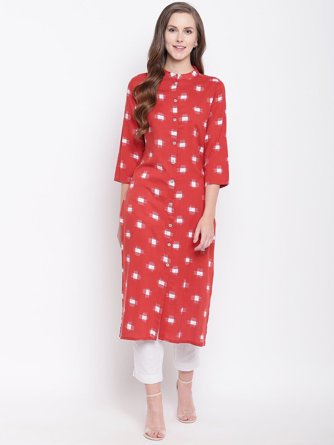 

Stylespace by Isha Geometric Printed Mandarin Collar Cotton Kurta, Red