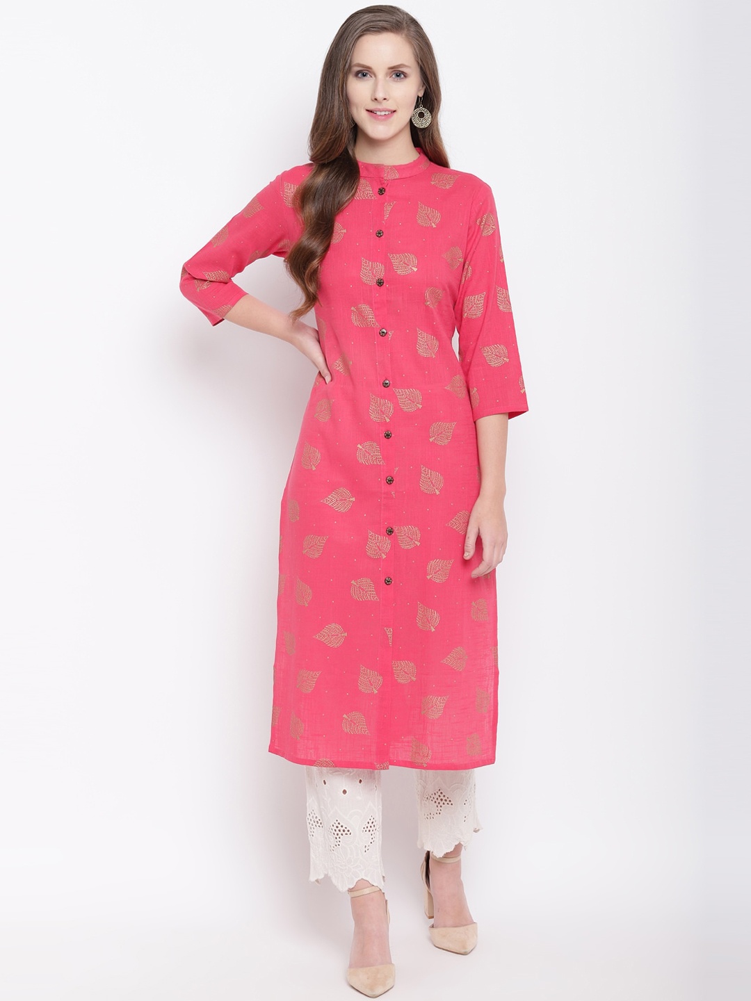 

Stylespace by Isha Printed Mandarin Collar Sequined Cotton Straight Kurta, Pink