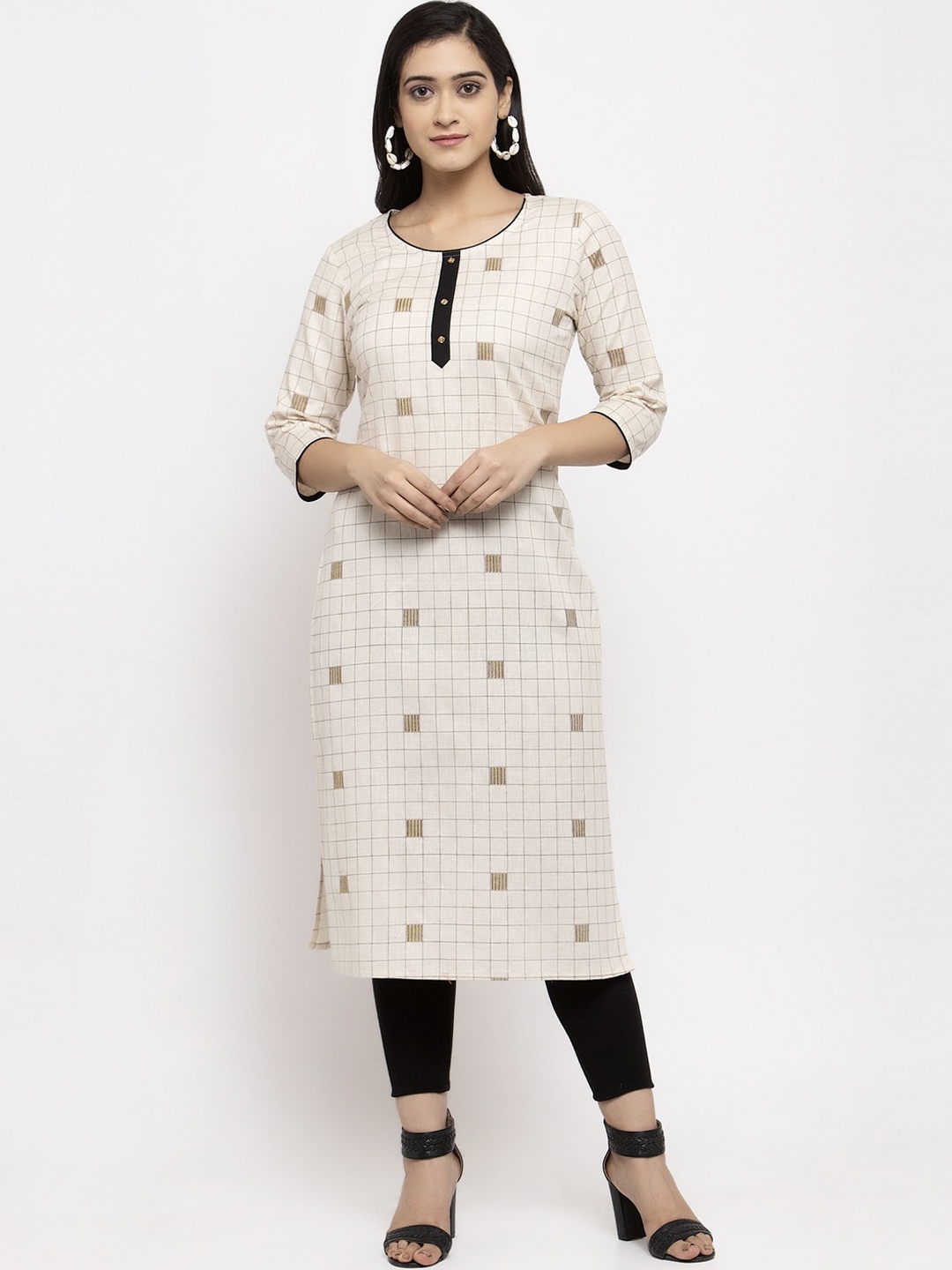 

Stylespace by Isha Checked Thread Work Cotton Kurta, Beige