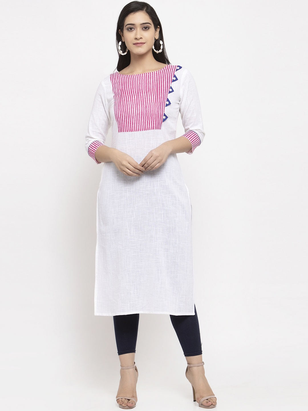 

Stylespace by Isha Yoke Design Striped Boat Neck Cotton Straight Kurta, White