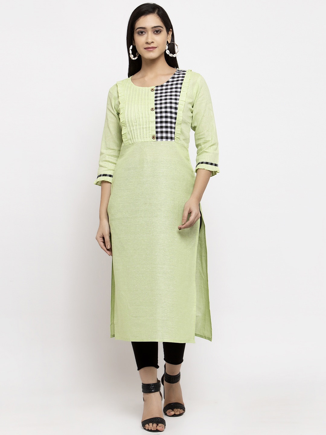 

Stylespace by Isha Yoke Design Pintucks & Ruffles Cotton Kurta, Green