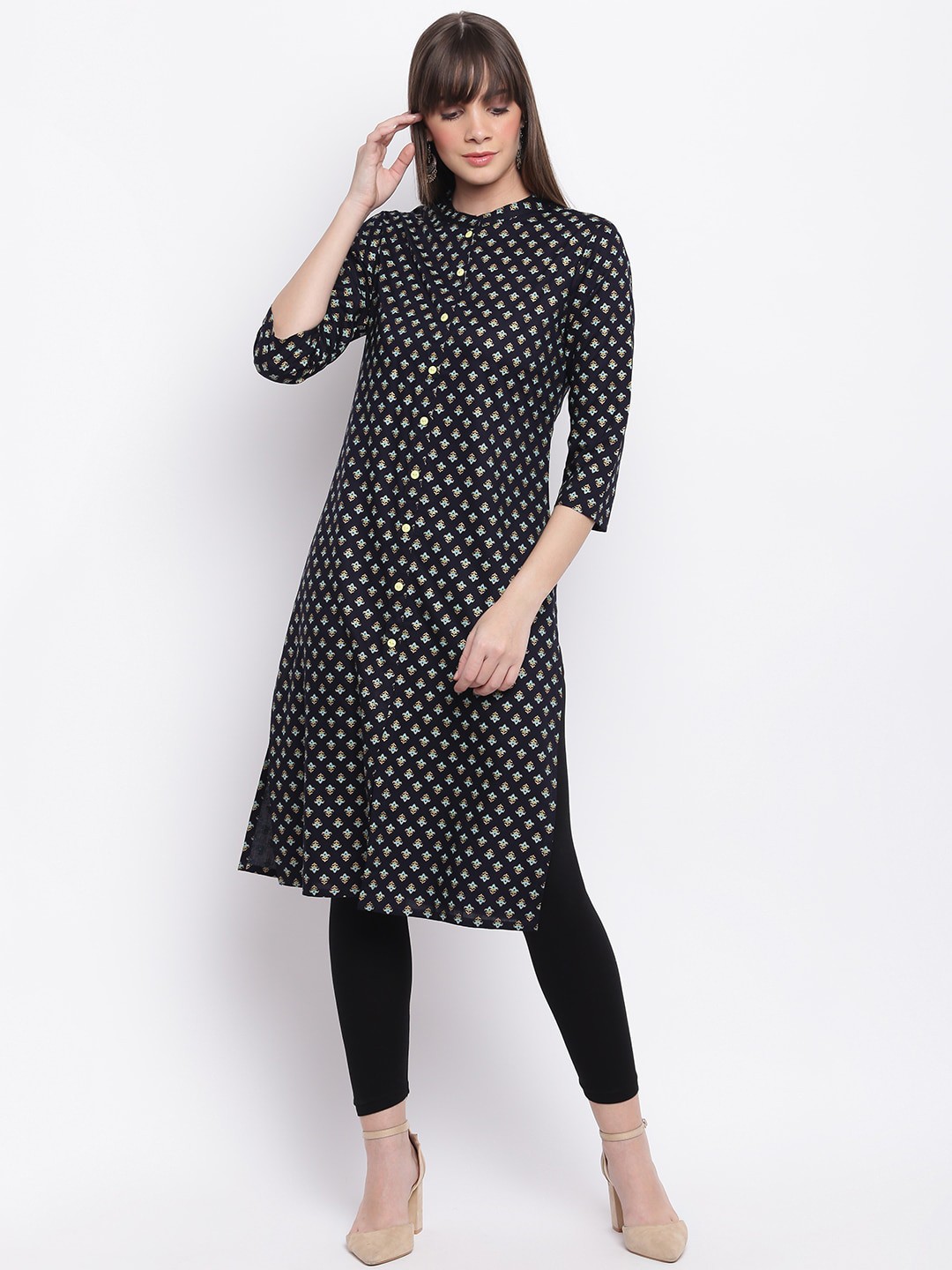 

Stylespace by Isha Floral Printed Mandarin Collar A-Line Kurta, Navy blue