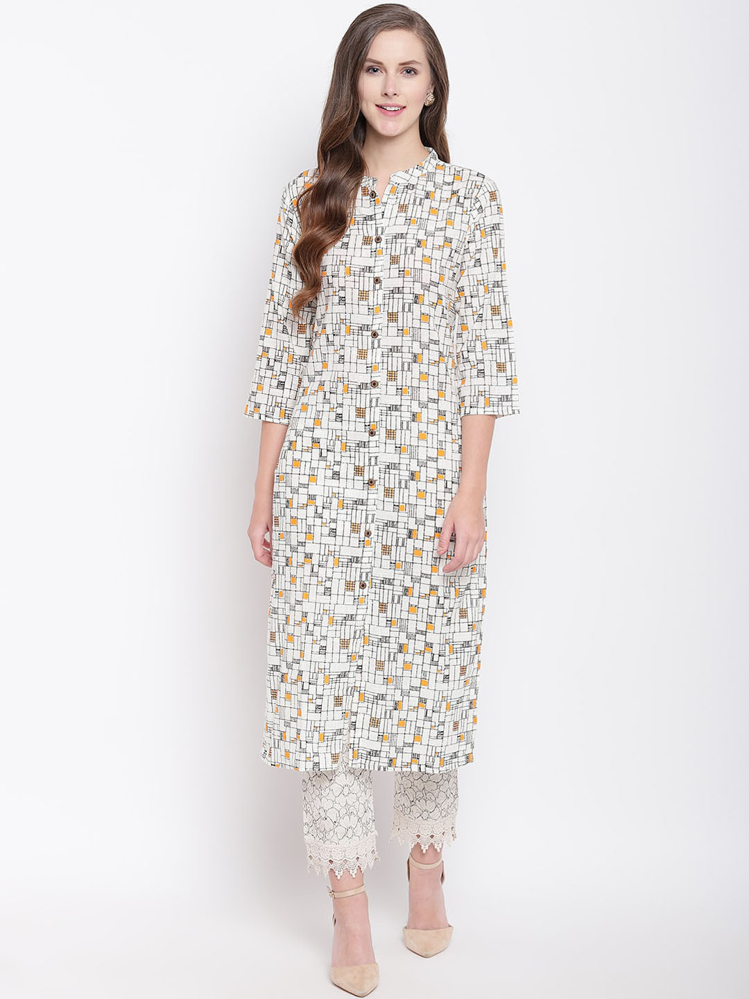 

Stylespace by Isha Geometric Printed Mandarin Collar Cotton Kurta, White