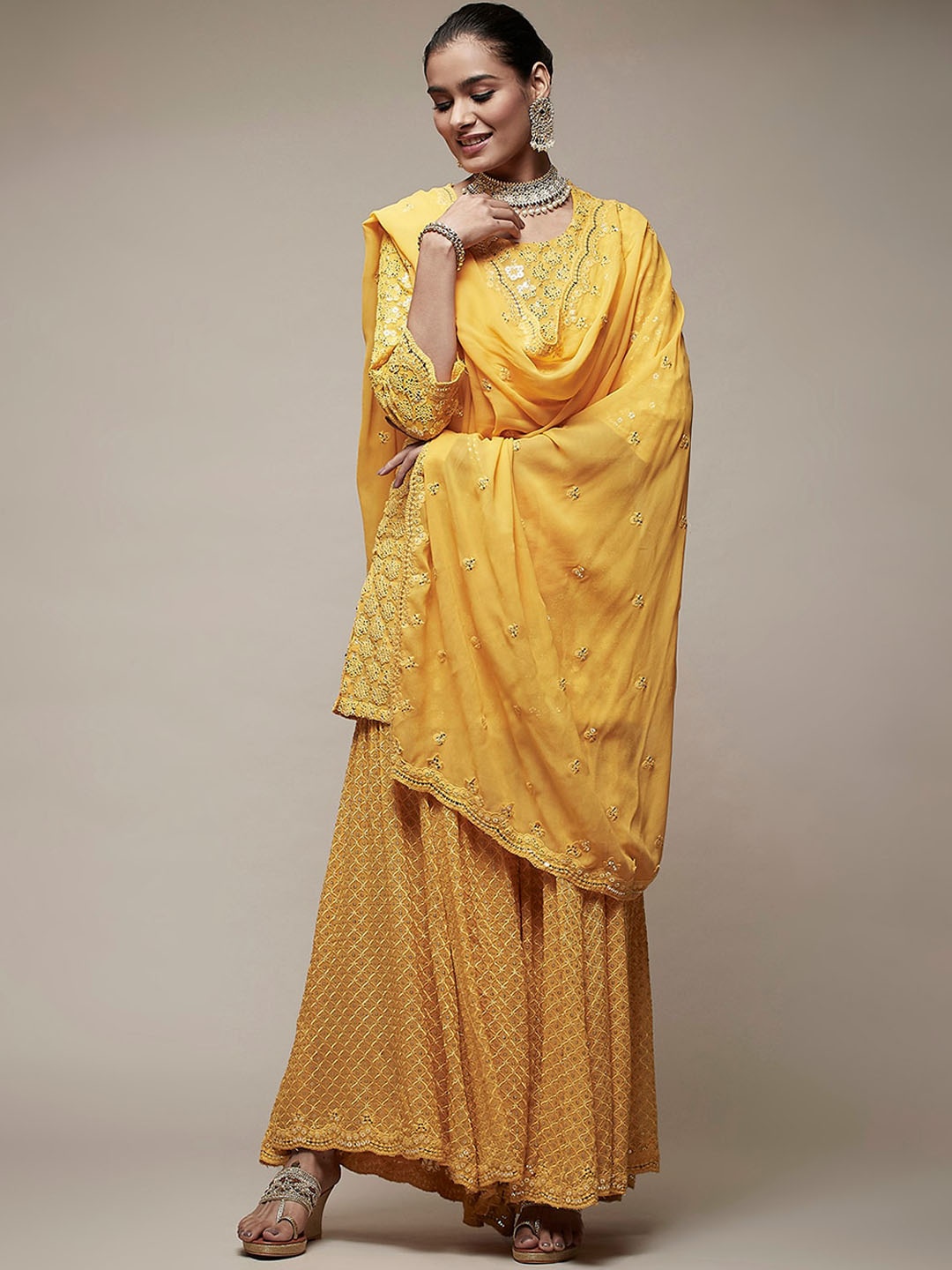 

Biba Floral Embroidered Regular Sequinned Kurti With Palazzos & Dupatta, Yellow