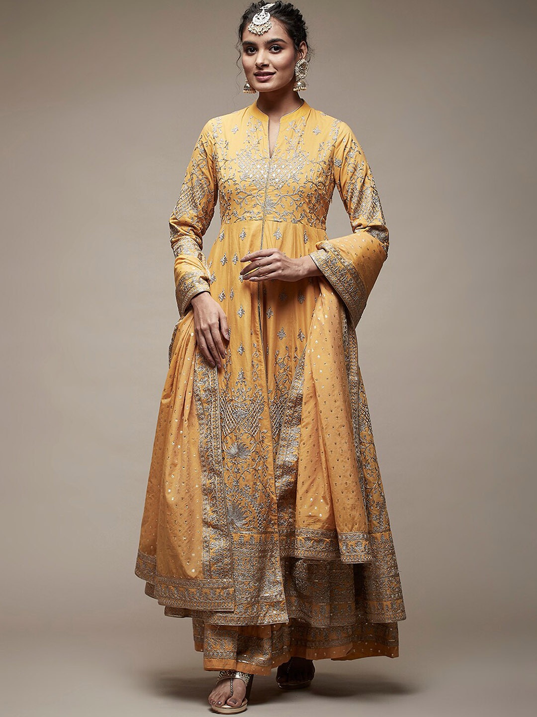 

Biba Ethnic Motifs Embroidered Anarkali Kurta With Skirt & Dupatta, Mustard