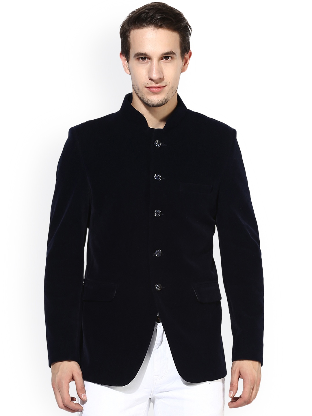 

Hangup Navy Solid Regular Fit Single-Breasted Velvet Ethnic Bandhgala Blazer, Navy blue