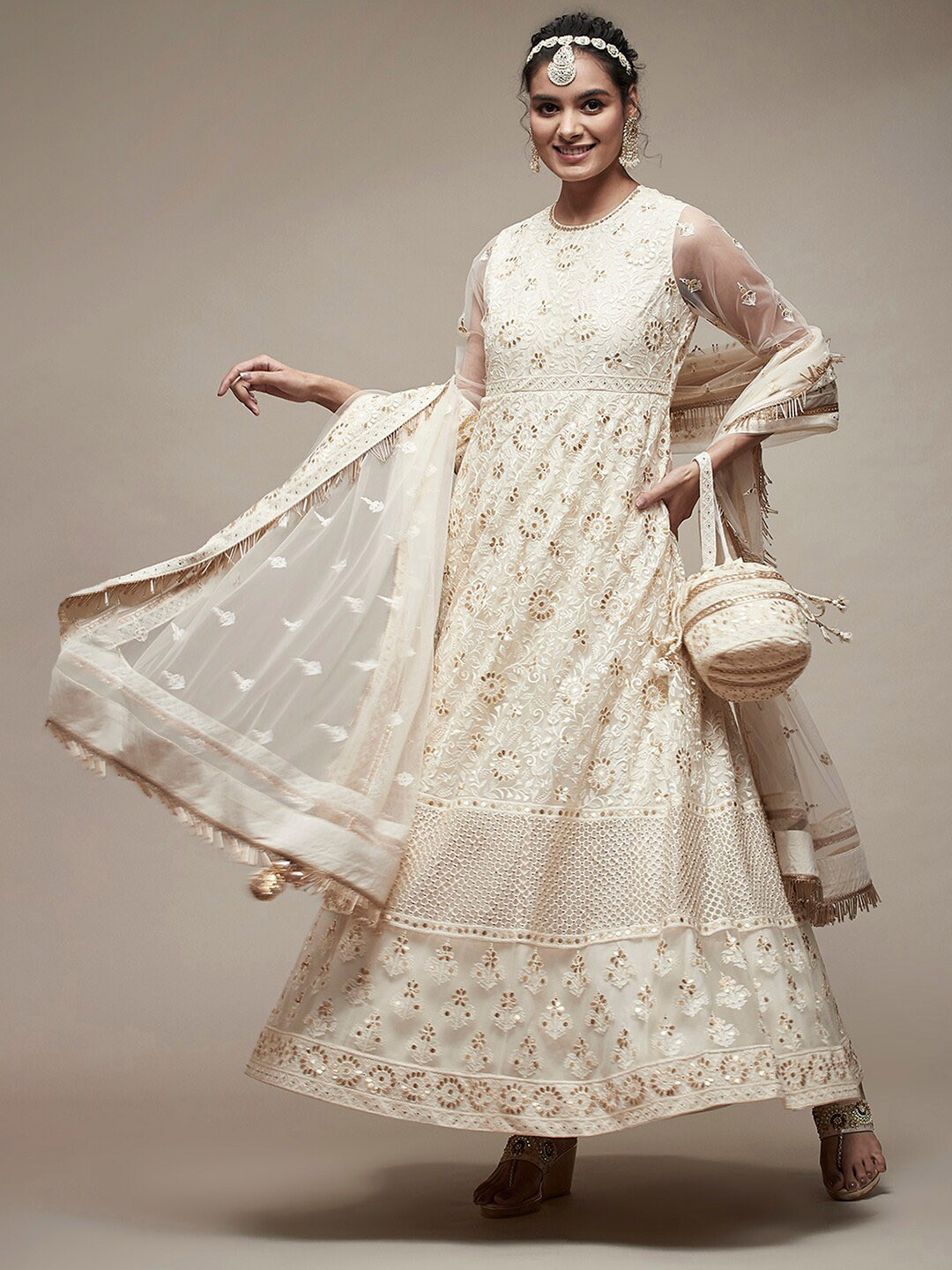 

Biba Floral Embroidered Regular Kurta with Churidar & Dupatta, Cream