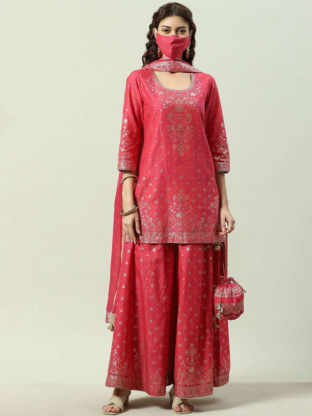 

Biba Ethnic Motifs Printed Kurta with Palazzos & Dupatta, Fuchsia
