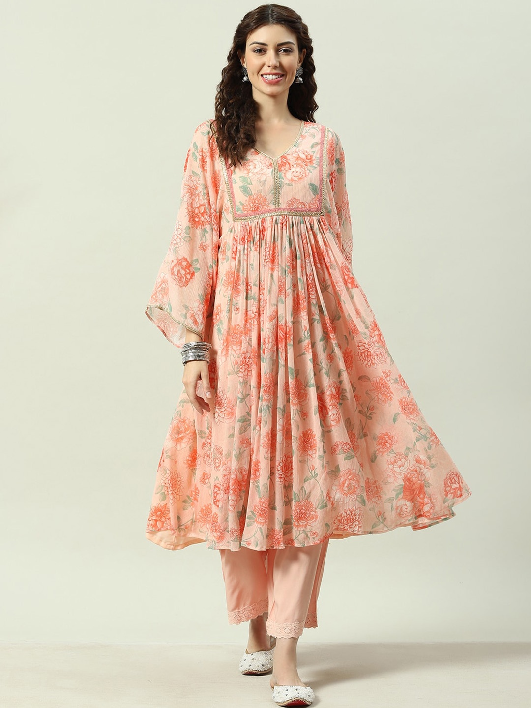 

Biba Women Floral Printed Pleated Anarkali Kurta with Palazzos, Peach