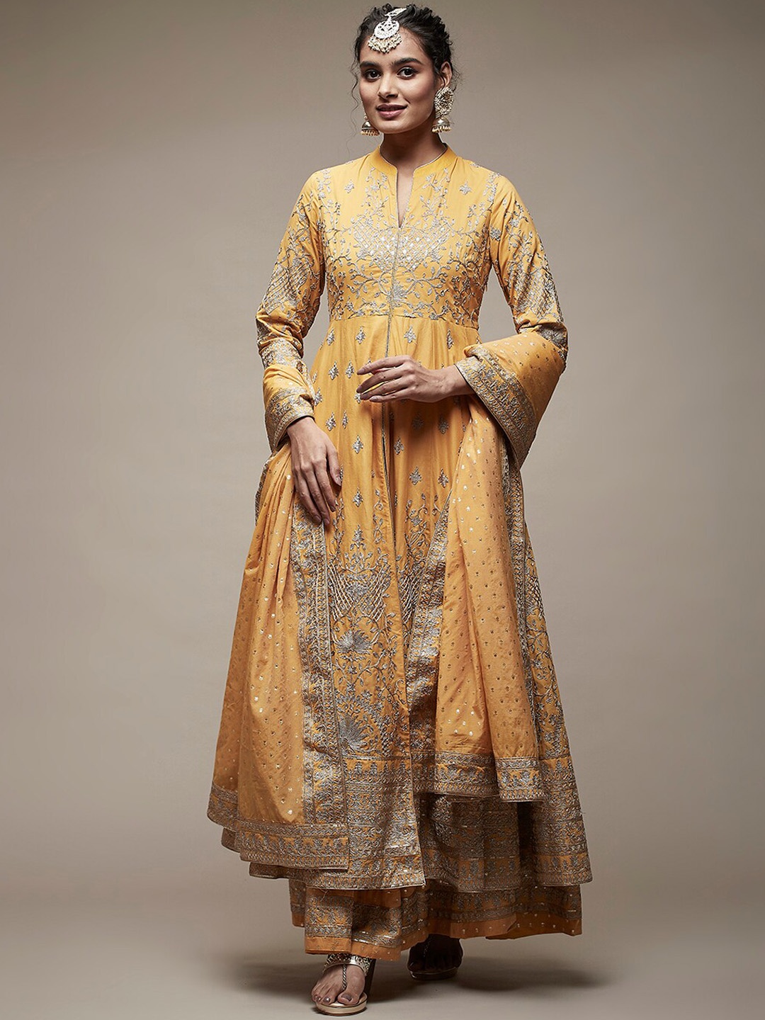 

Biba Women Ethnic Motifs Embroidered Pleated Kurta with Skirt & Dupatta, Mustard