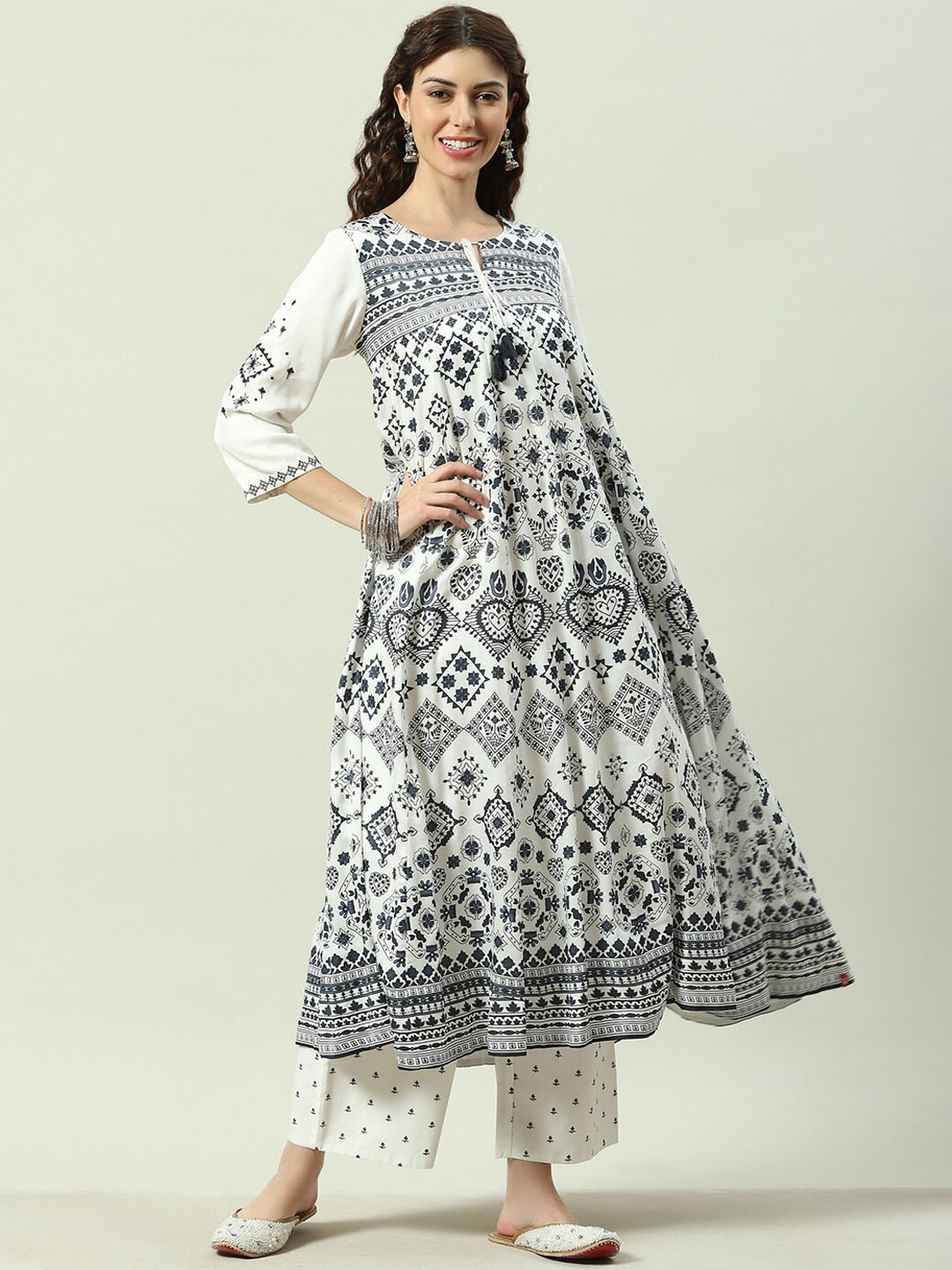 

Biba Ethnic Motifs Printed Anarkali Kurta with Palazzos, Black