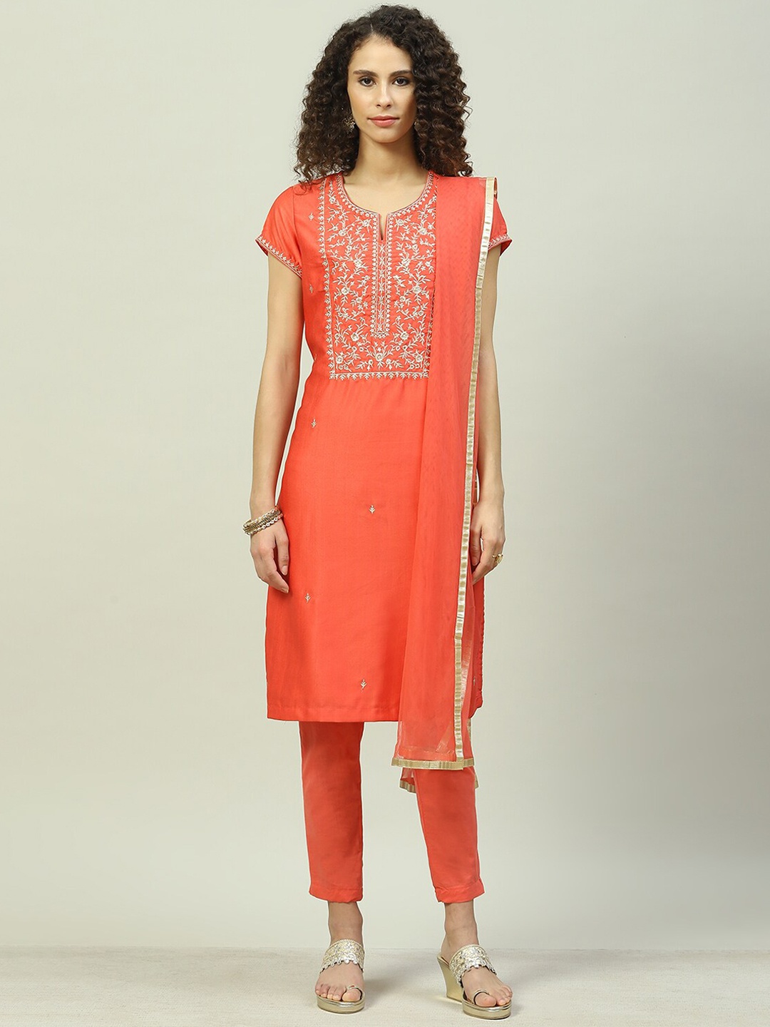 

Biba Embroidered Yoke Design Kurta With Trousers & Dupatta, Coral