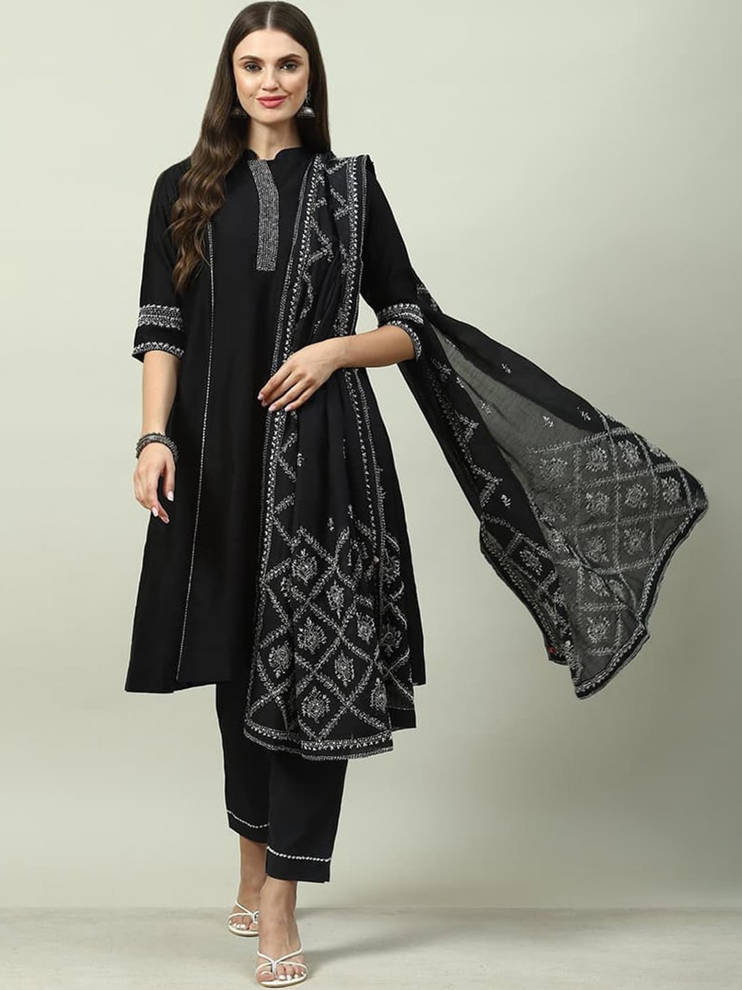 

Biba Yoke Design Embroidered A-Line Kurta With Trousers & Dupatta, Black