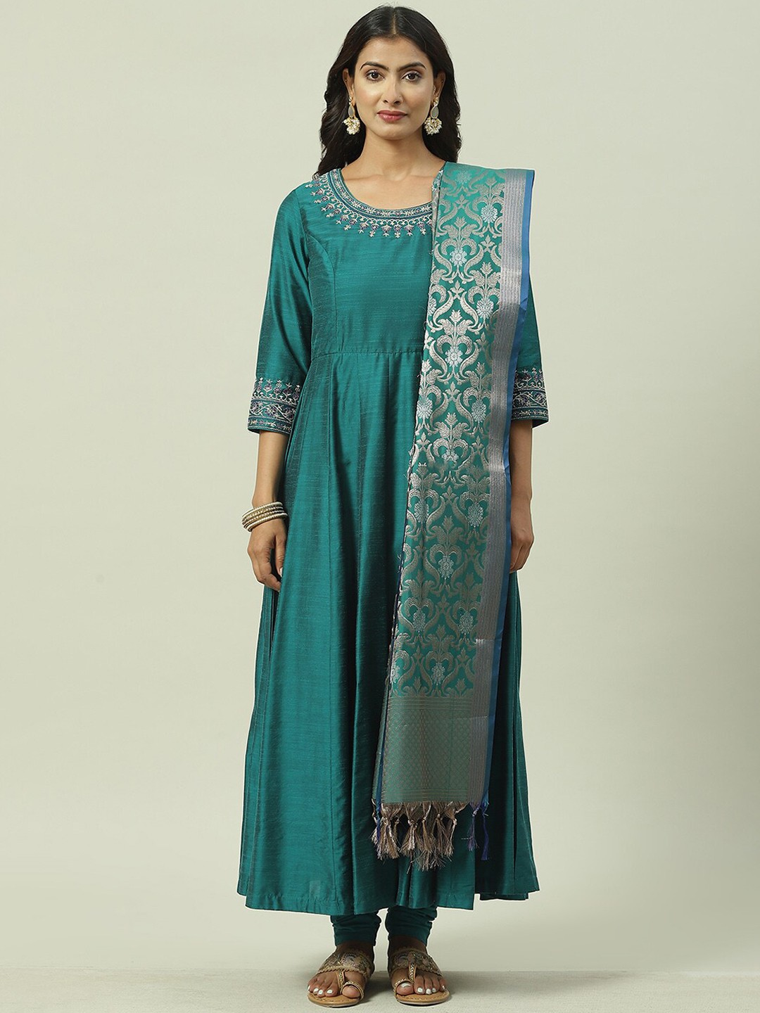 

Biba Ethnic Motifs Yoke Design Kurta With Churidar & Dupatta, Teal