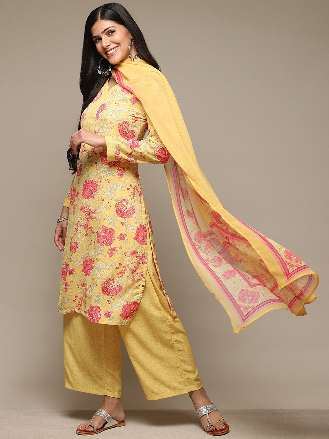 

Biba Women Ethnic Motifs Printed Kurta with Palazzos & Dupatta, Yellow