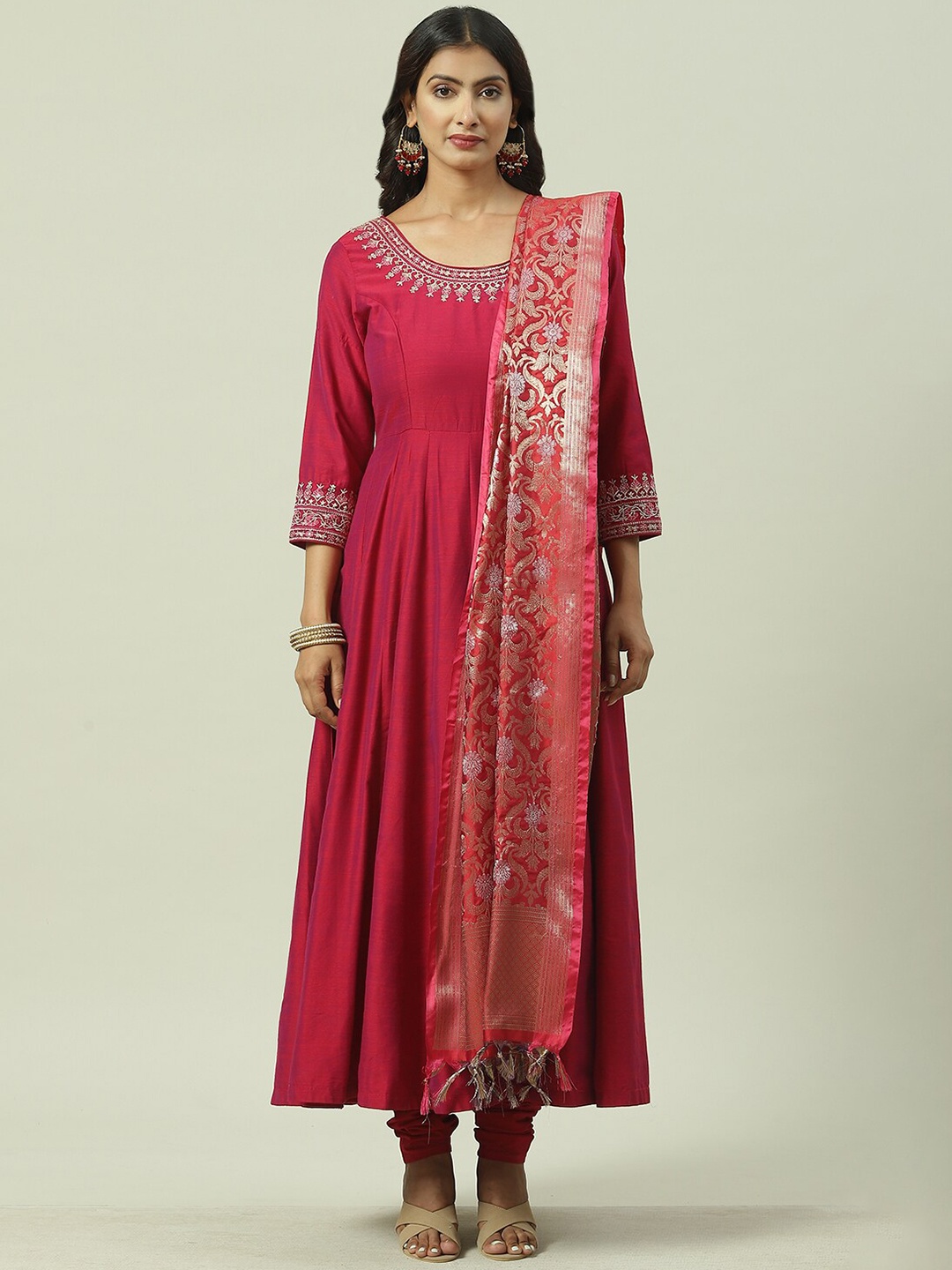 

Biba Plus Size Anarkali Kurta with Churidar & With Dupatta, Magenta