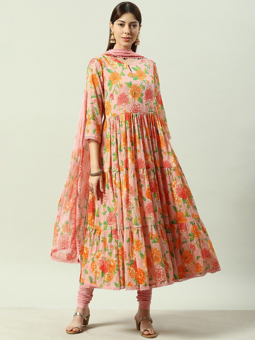 

Biba Floral Printed Anarkali Kurta with Churidar & Dupatta, Peach