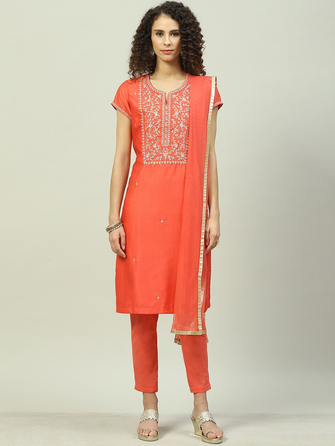

Biba Ethnic Motifs Yoke Design Regular Kurta With Trousers & Dupatta, Coral