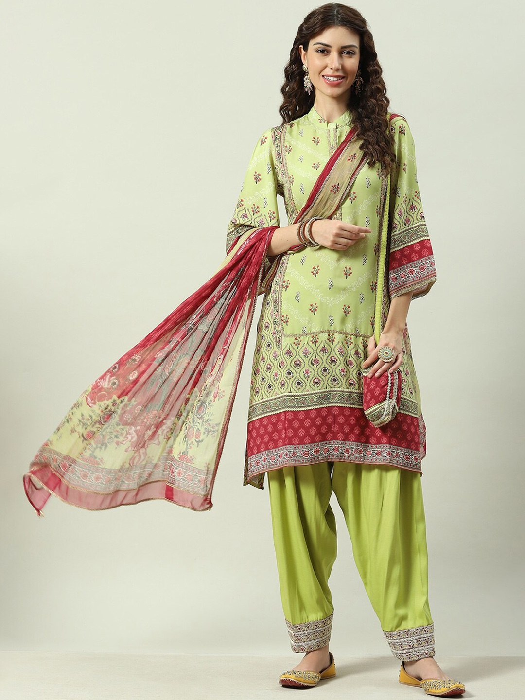 

Biba Women Printed Regular Kurta with Trousers & With Dupatta, Lime green