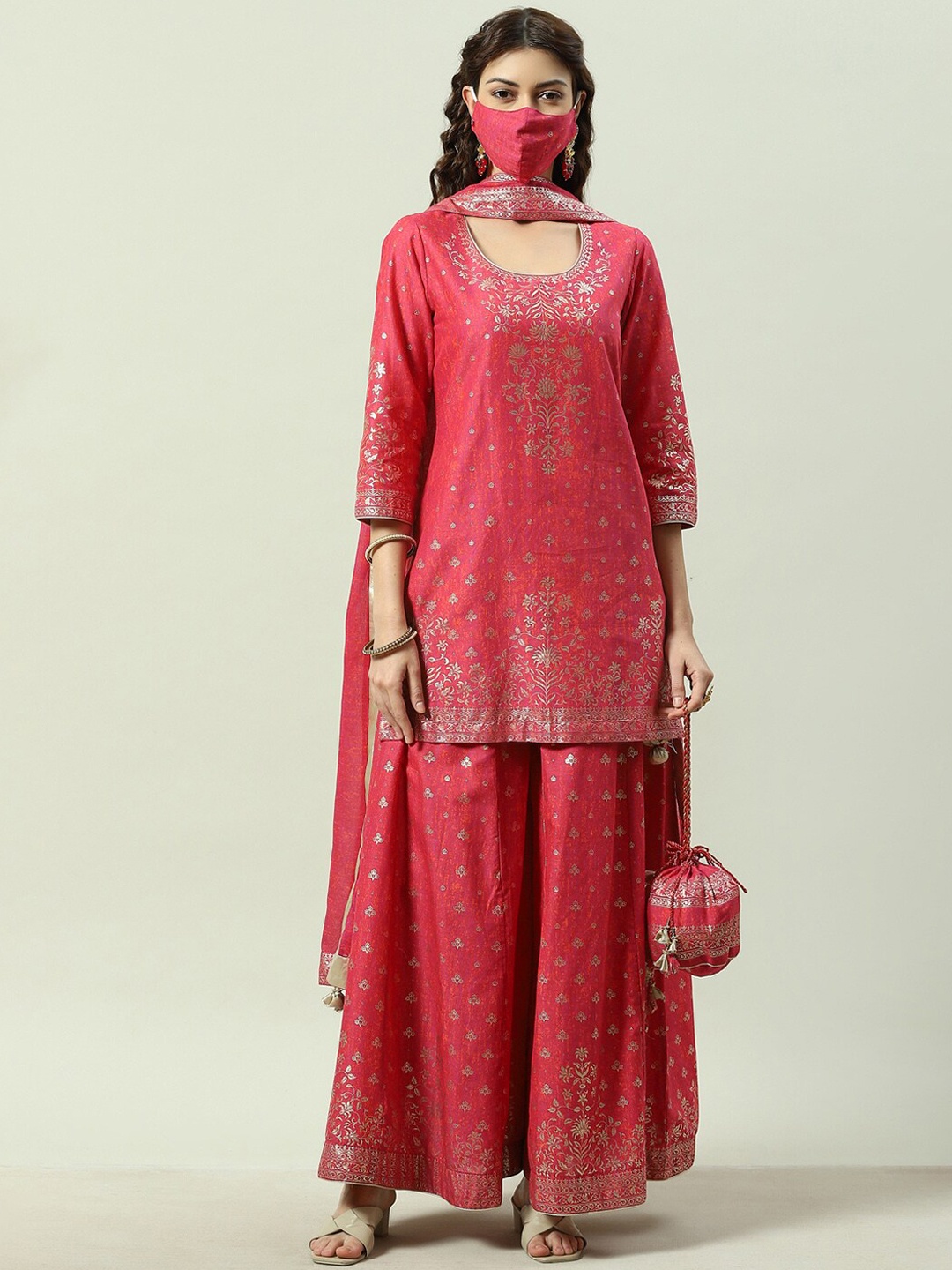 

Biba Ethnic Motifs Printed Regular Kurta with Sharara & With Dupatta & Mask, Fuchsia