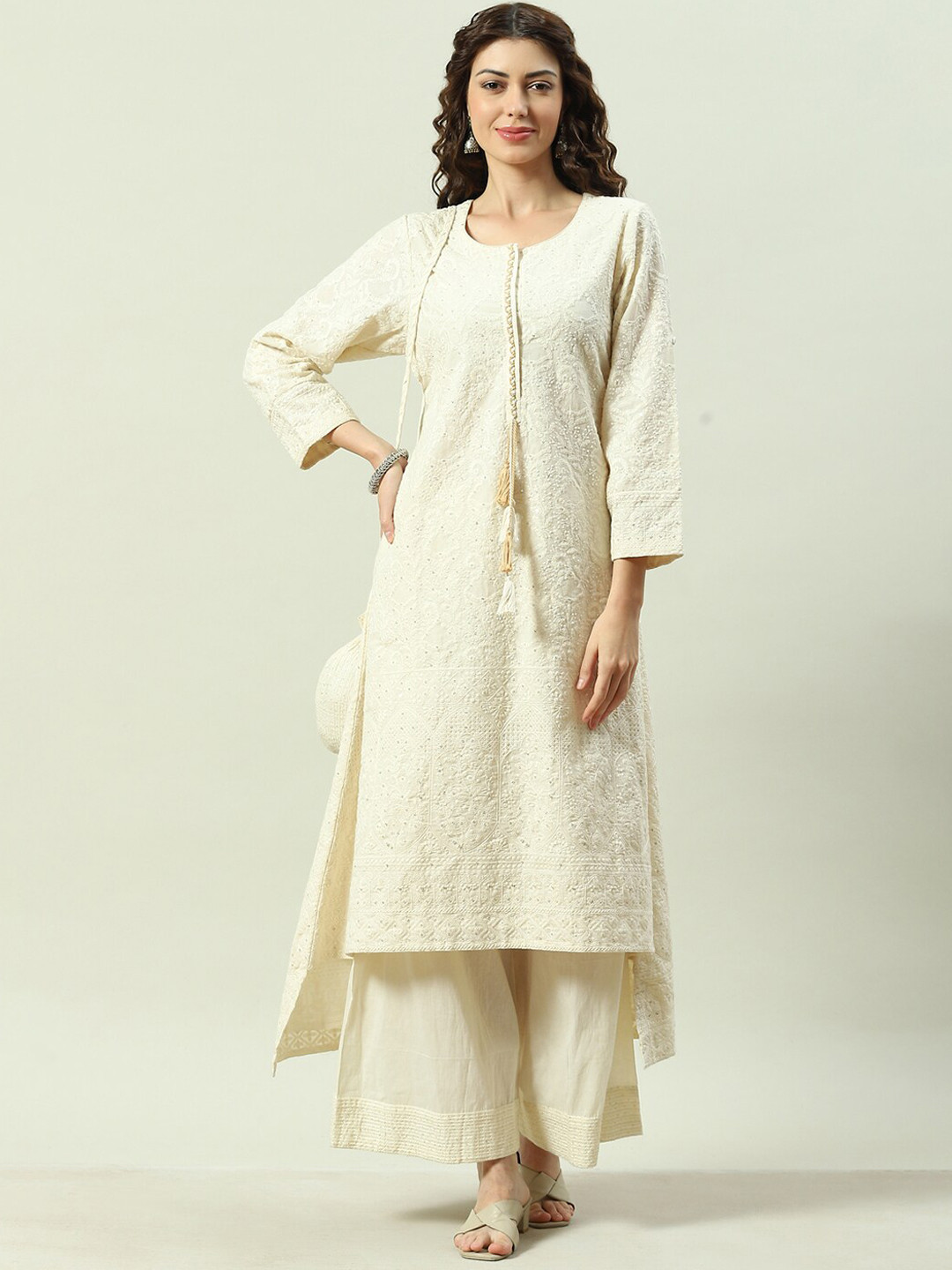 

Biba Ethnic Motifs Embroidered Sequinned Kurta With Palazzos, Cream