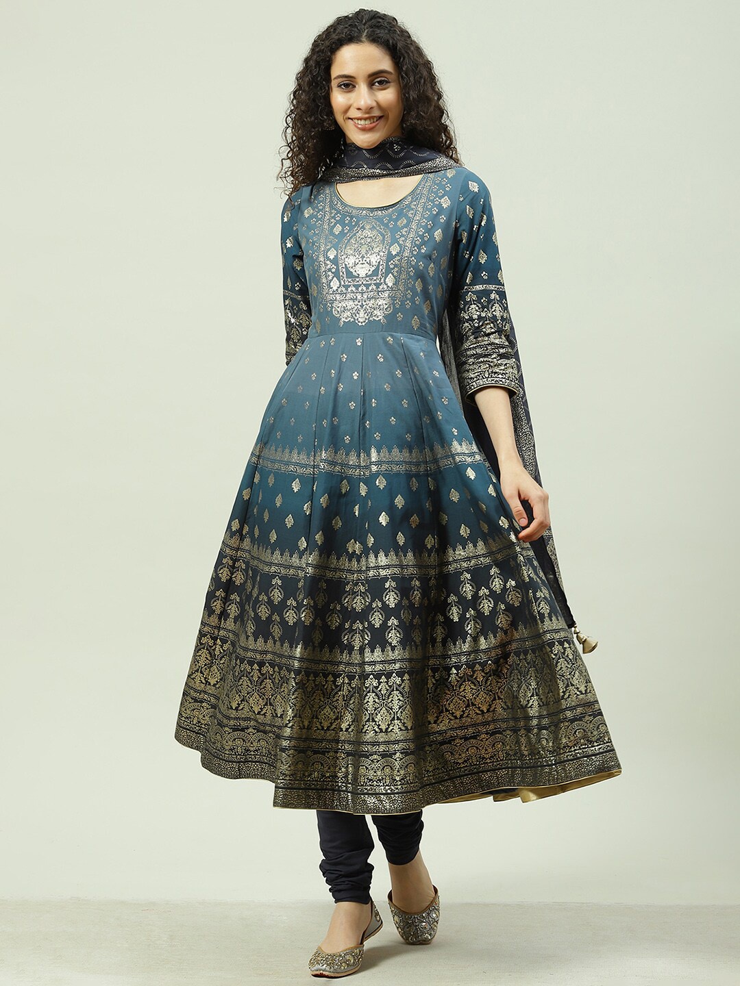 

Biba Ethnic Motifs Printed Empire Kurta With Churidar & Dupatta, Blue