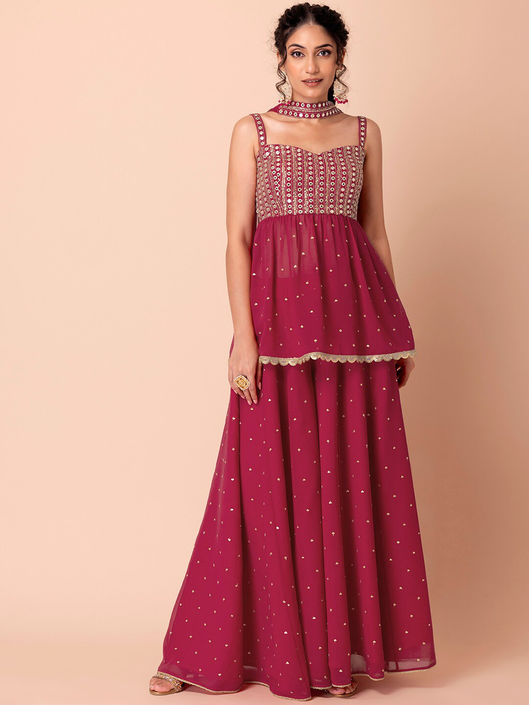 

Indya Luxe Mirror Work Sequined Detail Kurti With Palazzos & Dupatta, Pink