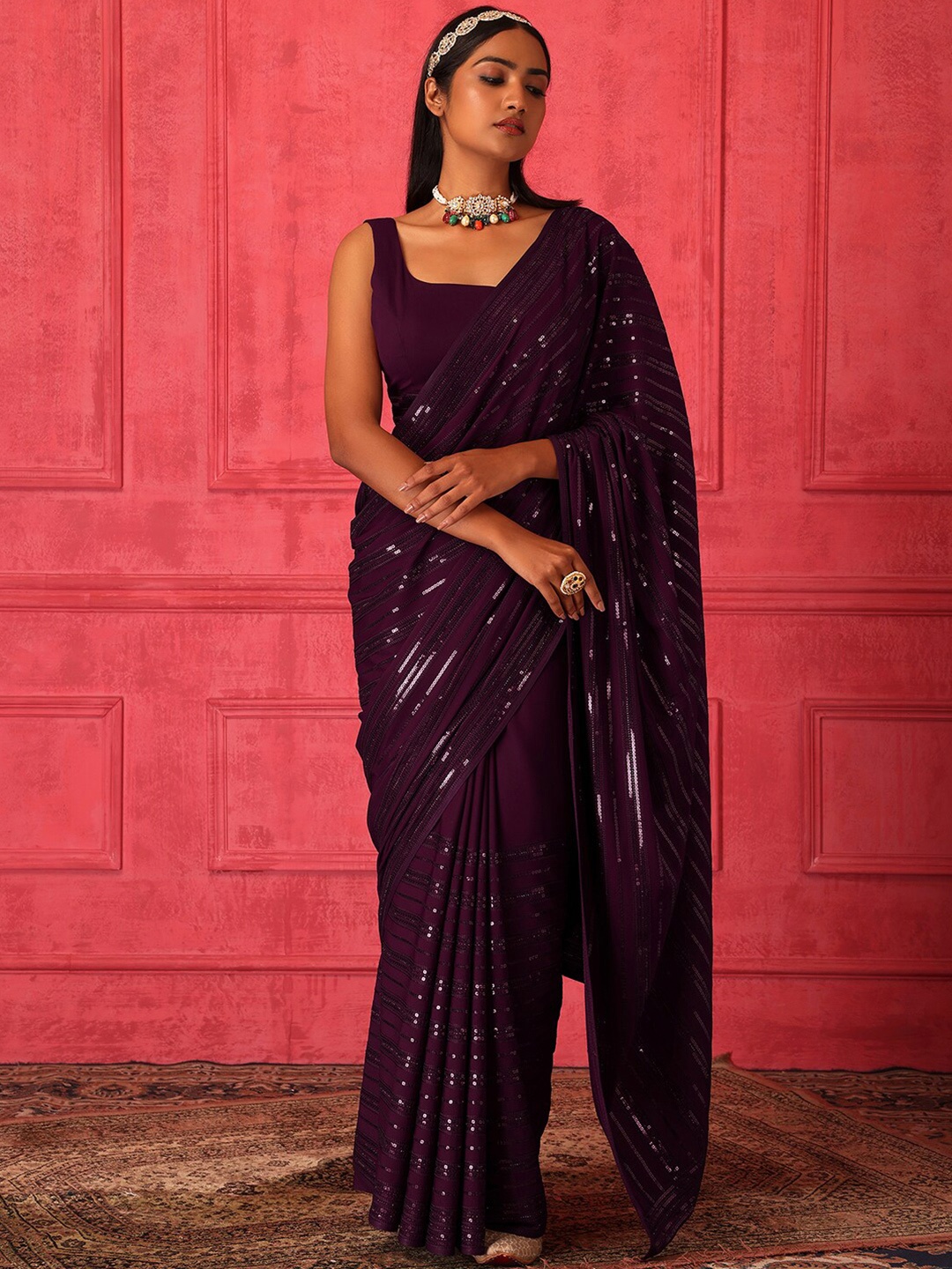 

Indya Luxe Embellished Sequinned Saree With Stiched Blouse, Purple